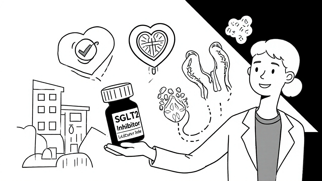 Doctor giving SGLT2 inhibitor pill to patient, with heart and kidney protection icons floating above.