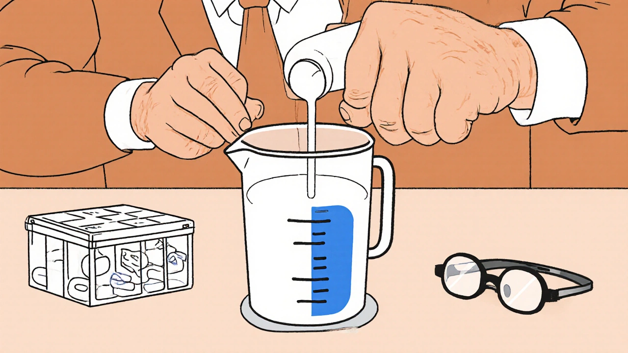 Elderly man pouring medicine into a measuring cup with a raised fill line.