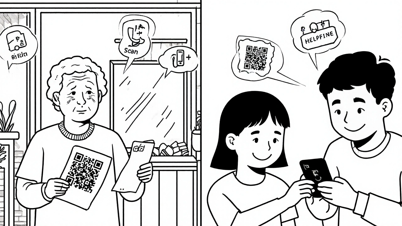 Elderly person learning to use a QR code with help from a grandchild, contrasting old and new medication methods.