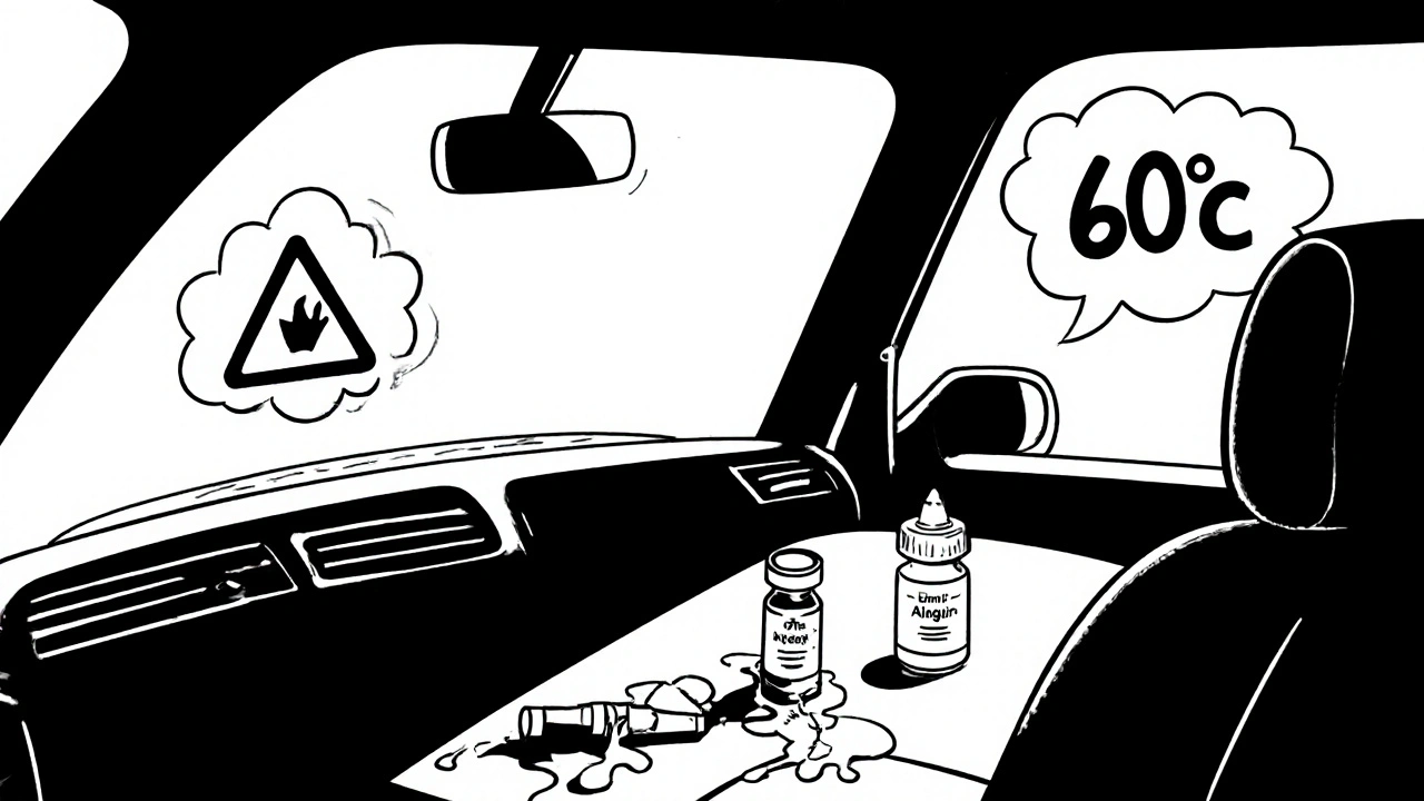 EpiPen and insulin melting on a hot car dashboard under direct sunlight with warning labels.