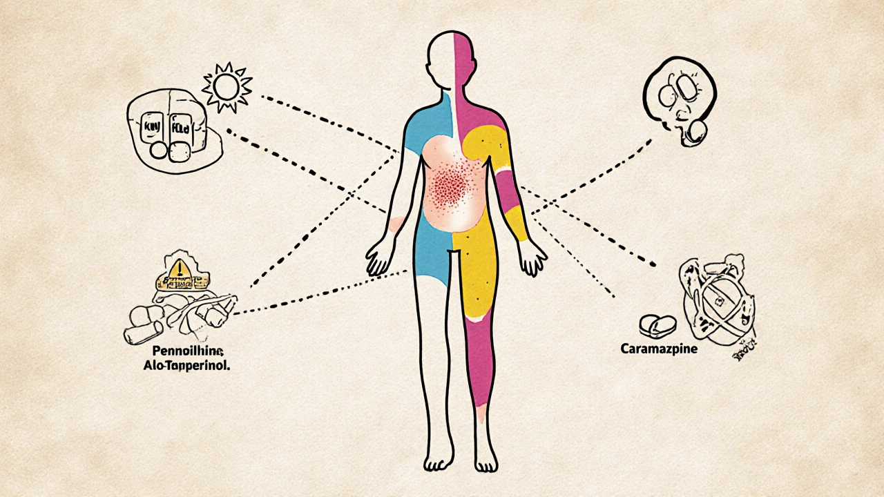 Human silhouette with high-risk drugs and genetic marker linked to skin reactions, sun and pill icons.