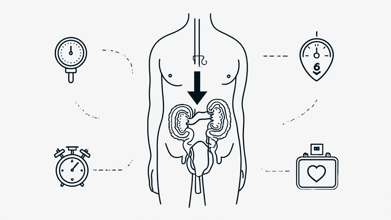 Human torso showing glucose exiting through kidneys, with icons for blood pressure, weight, and heart health.
