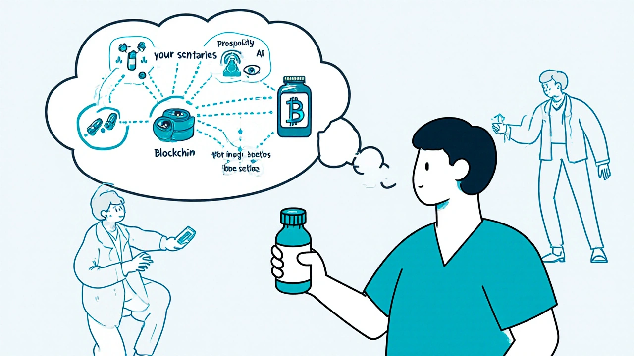 Patient asking about a serial code while a blockchain and AI monitor the drug’s journey through the supply chain.