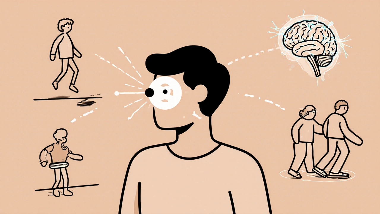 Patient doing vestibular therapy exercises with brain rewiring and balance challenges illustrated around them.