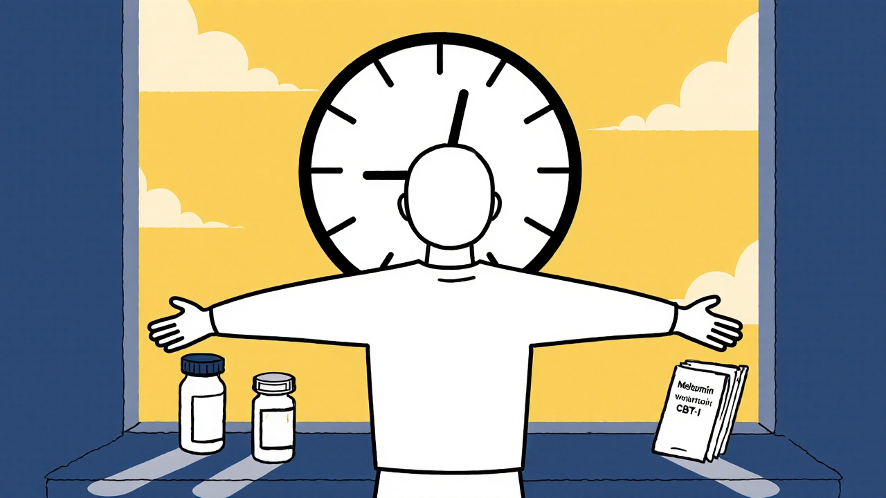 Person receiving morning sunlight as medication bottles fade away, with sleep tools nearby.