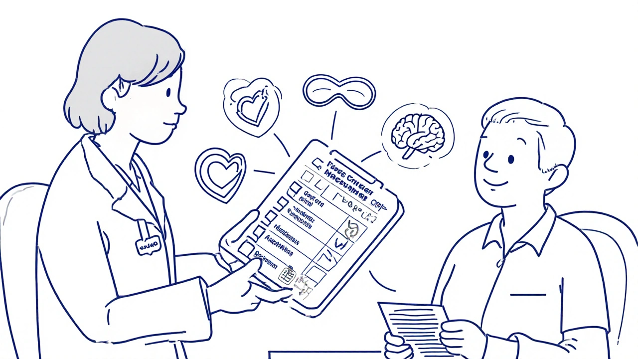 Pharmacist and senior reviewing medication alternatives using Beers Criteria on a tablet.