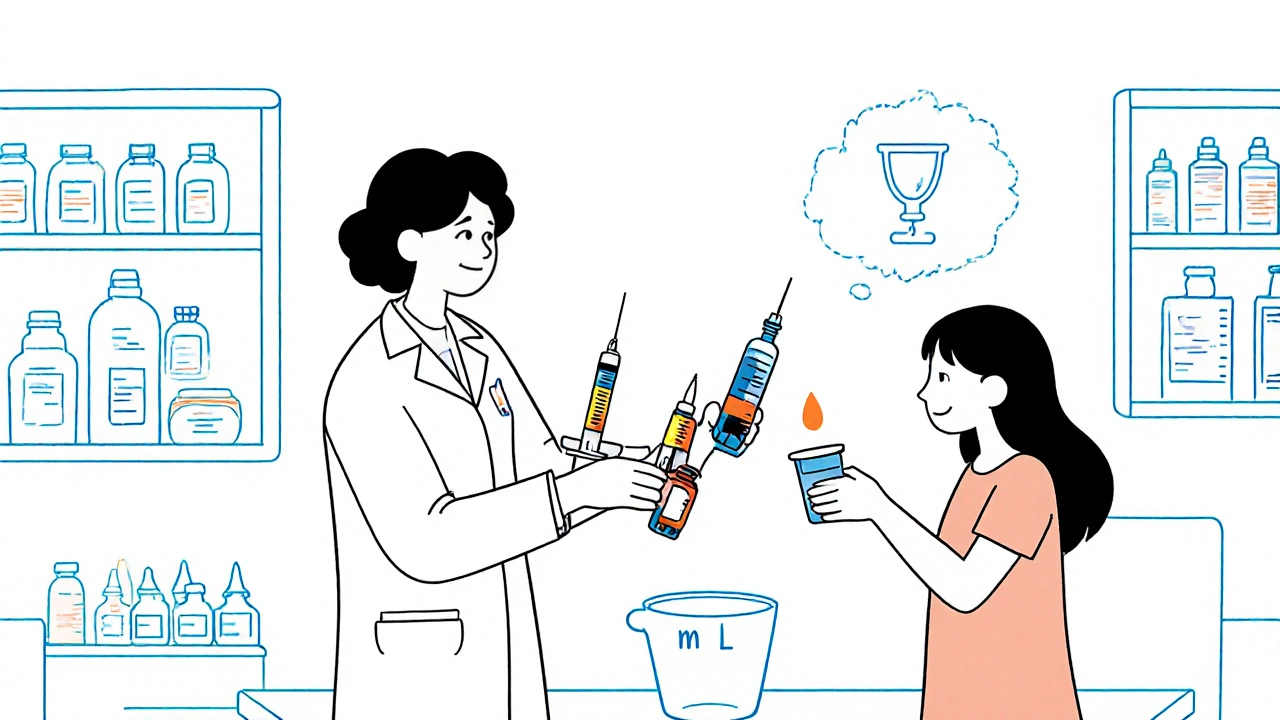 Pharmacist handing visual dosing tools to a parent in a pharmacy.