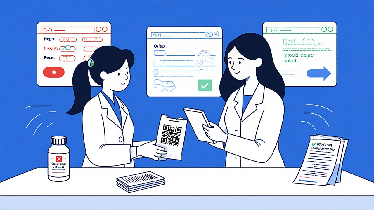 Pharmacist helping a patient scan a prescription QR code using a tablet at the pharmacy counter.