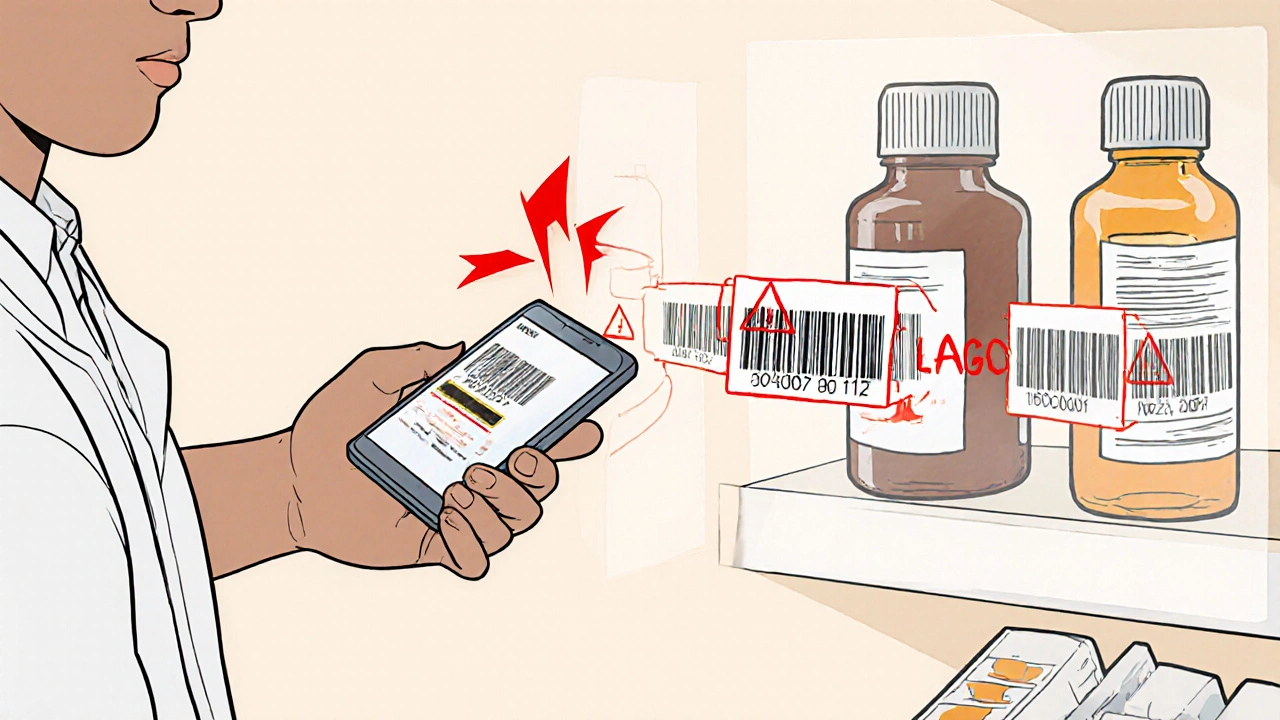 Pharmacist scanning a medicine bottle with digital flags showing duplicate serial codes from different countries.