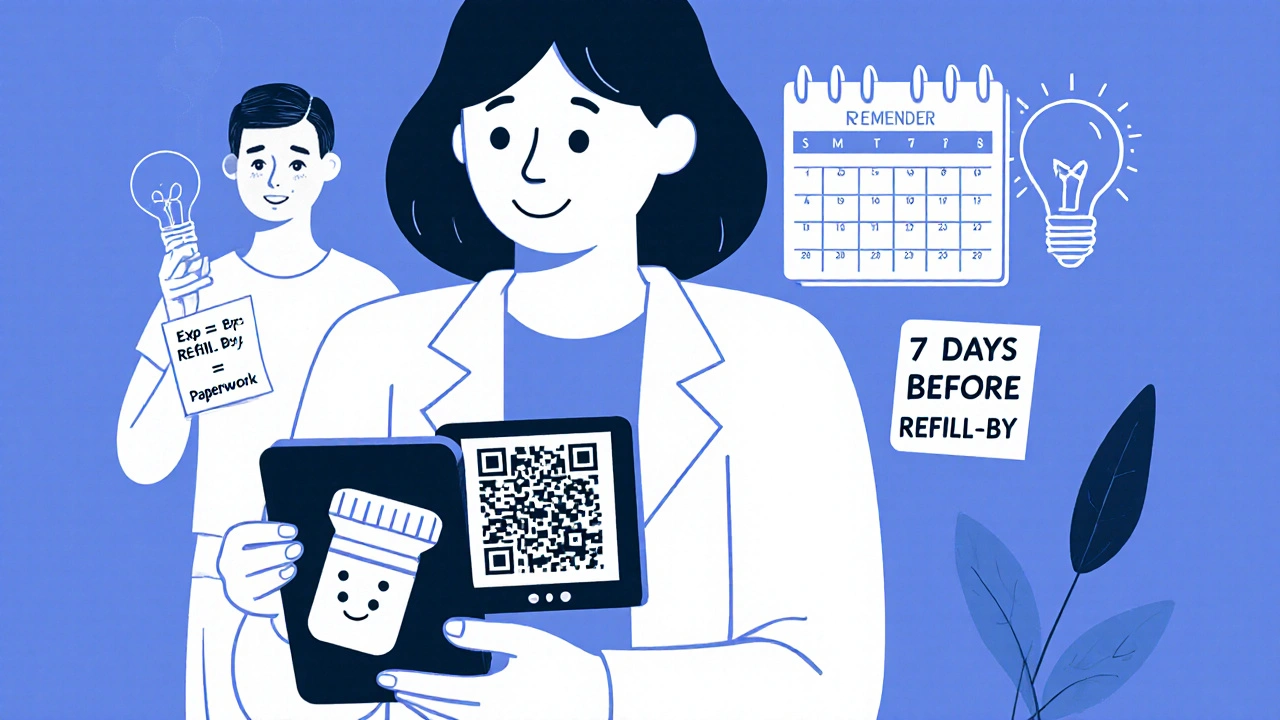 Pharmacist showing QR code that explains expiration vs refill dates, patient holding reminder note.
