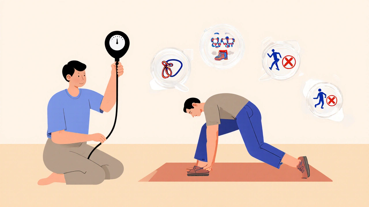 Physical therapist measuring leg strength as patient performs a gentle bridge exercise safely.