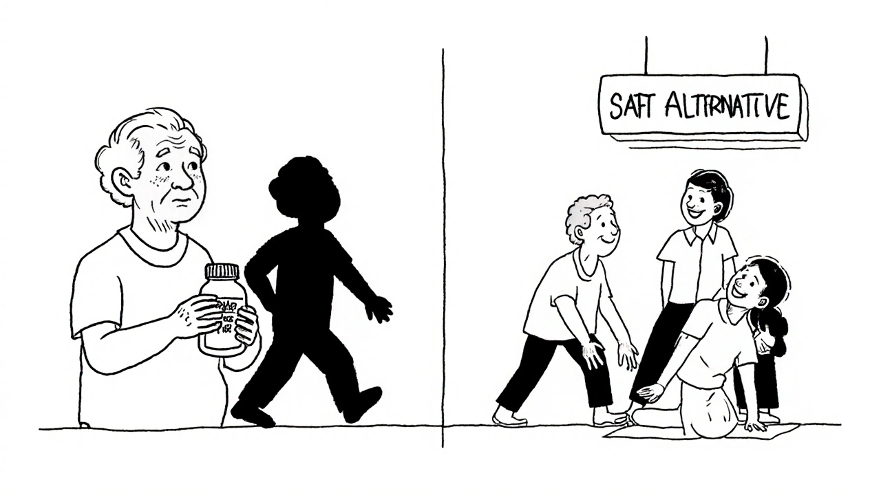 Senior at risk of falling with NSAIDs vs. same person safely doing yoga with therapist.