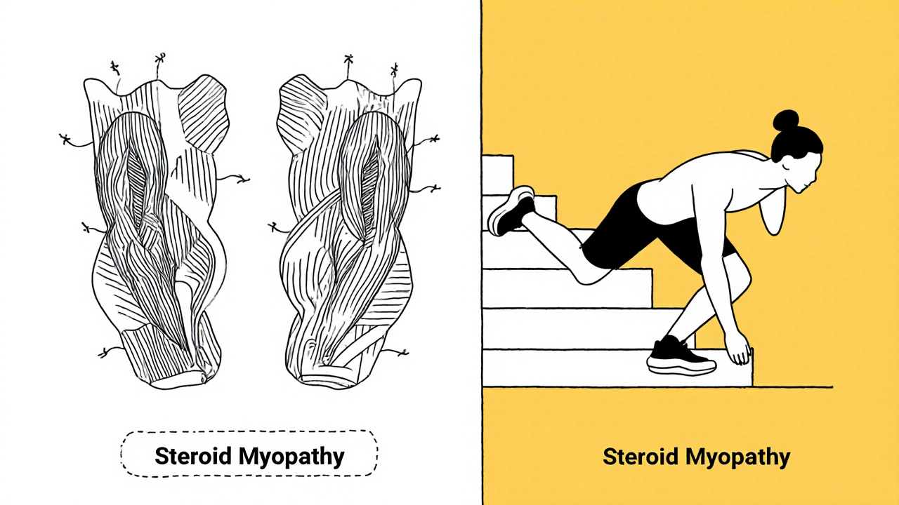 Side-by-side comparison of healthy vs. steroid-damaged muscle fibers with contrasting activities.