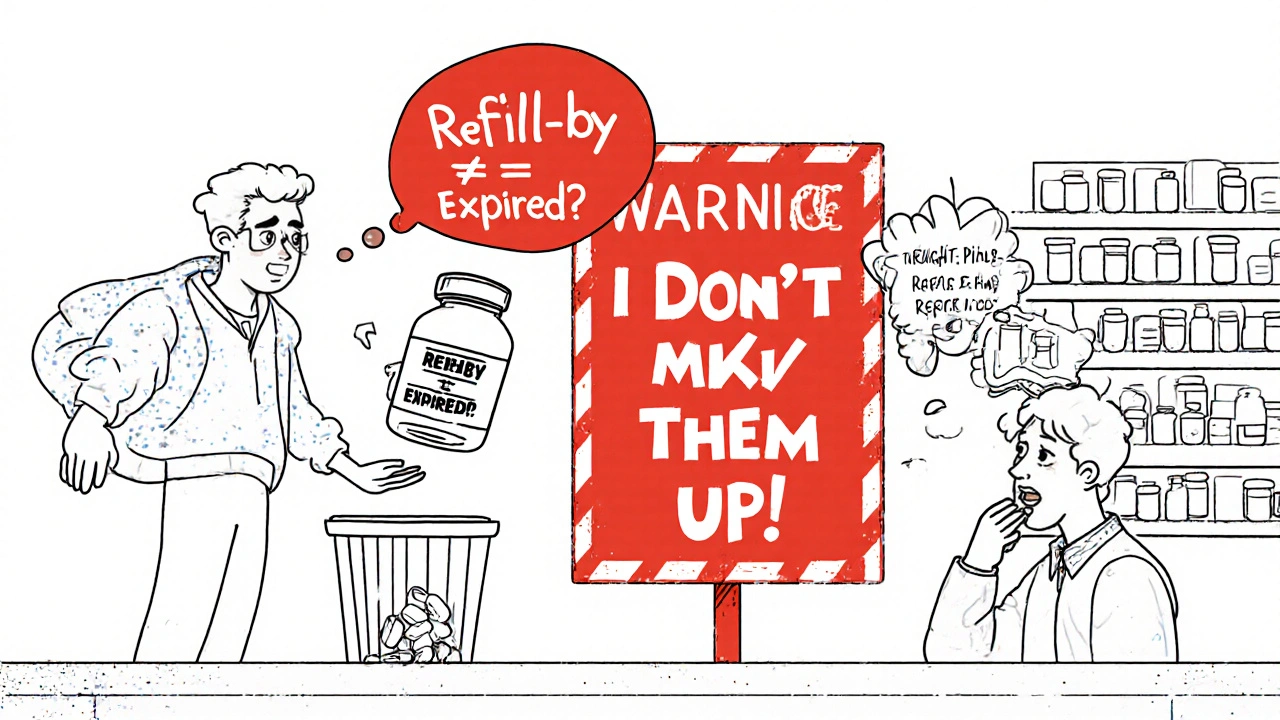 Split scene: person throwing away medicine vs. person taking expired pills, with warning text above.