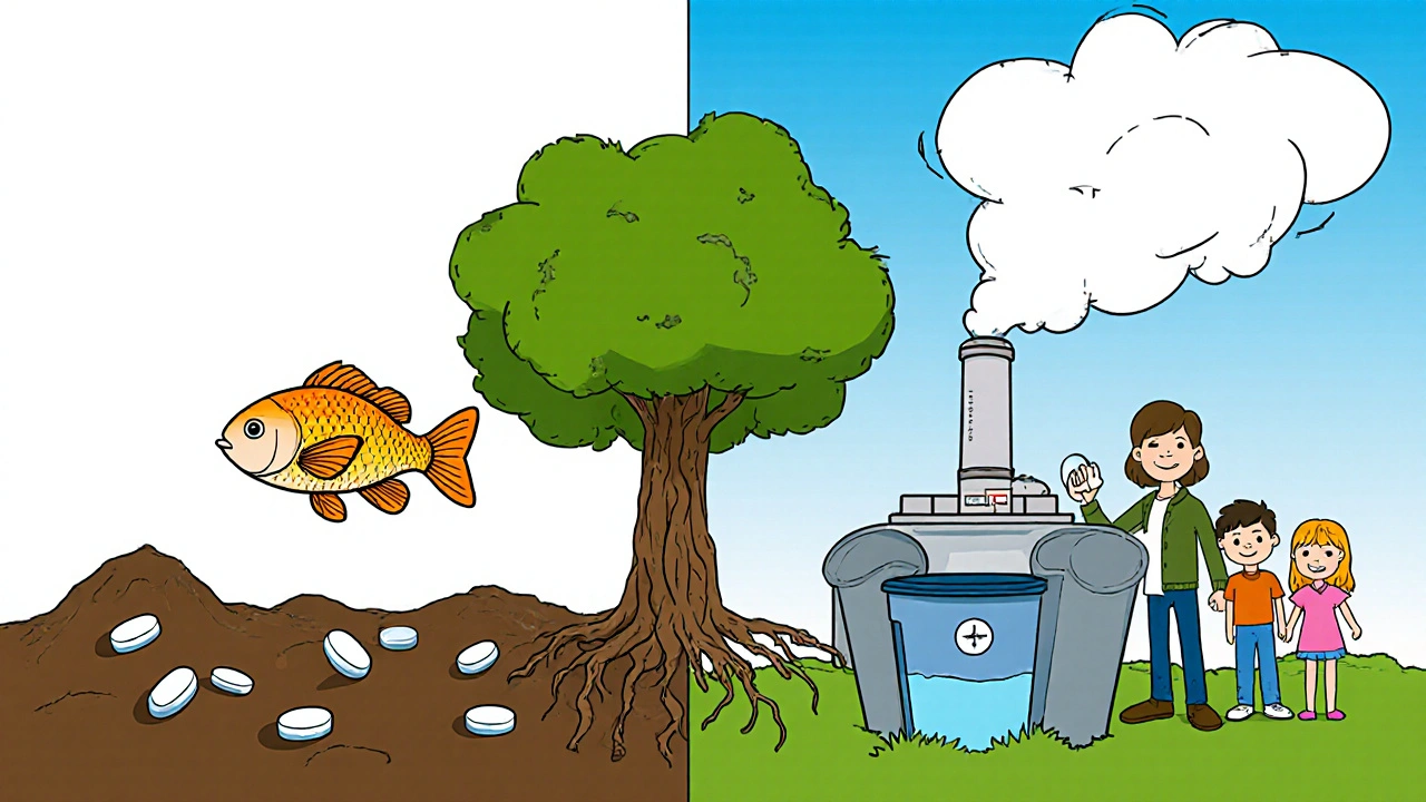 Split scene: polluted landfill with mutated fish vs. clean incineration and safe disposal.
