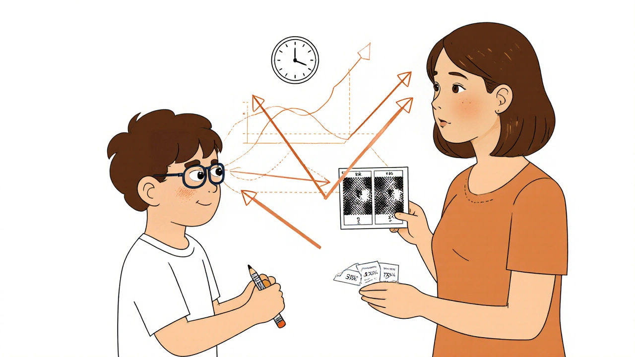 Therapist guiding child with pencil and stereogram card, eyes aligned in perfect convergence.