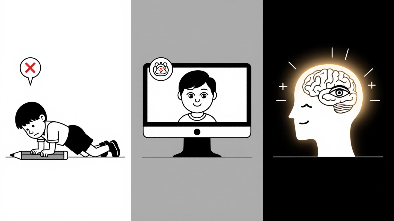 Three treatment paths: ineffective pencil push-ups, supervised computer therapy, and successful in-office therapy.