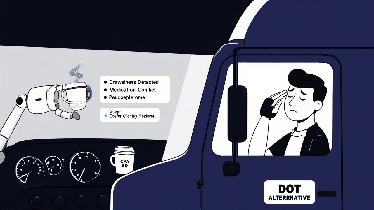 Truck dashboard with digital alerts for medication risks and drowsiness detection