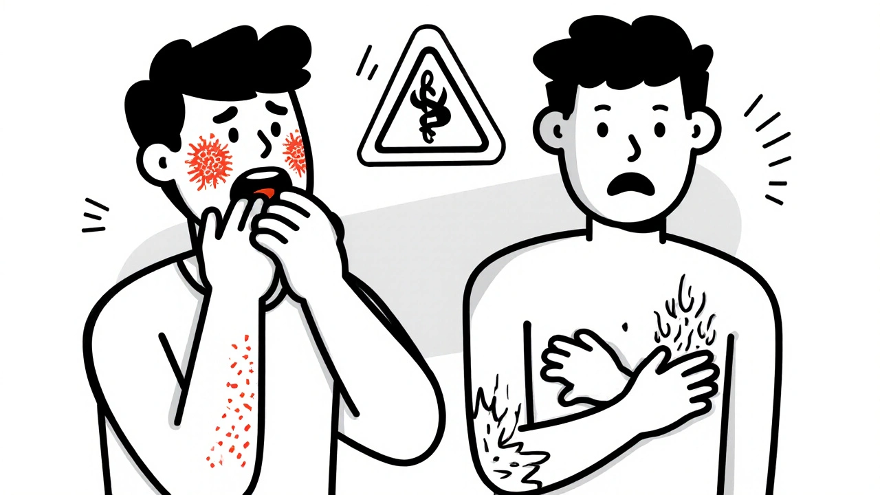 Two figures: one with hives and swollen lips, another with peeling skin, medical warning above.