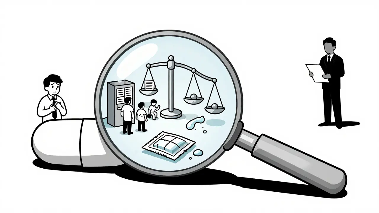 A magnified pill revealing hidden manufacturing failures like wrong dosages and ruined records.