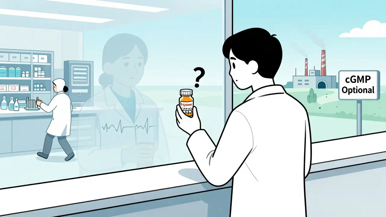 A patient at a pharmacy with a split view showing quality vs. corrupt drug production.