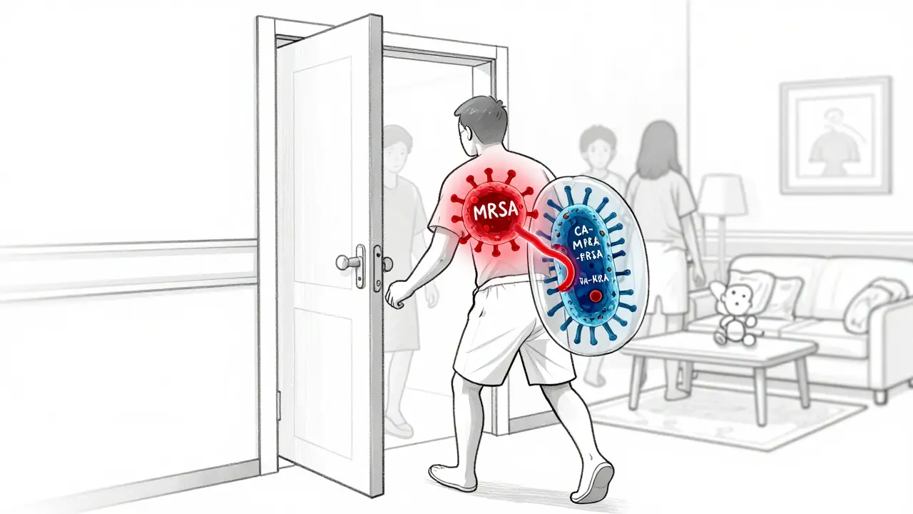 A patient carrying a hybrid MRSA strain from hospital to home, showing dual bacterial forms.