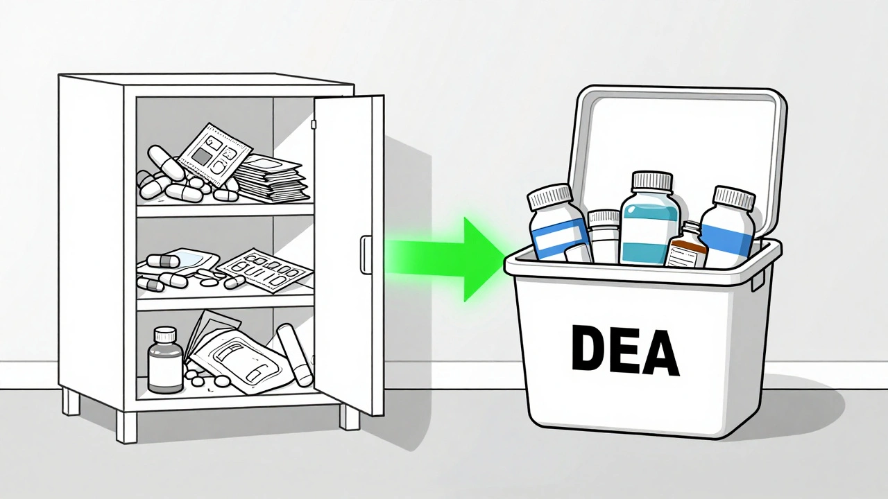 Before and after: cluttered medicine cabinet vs. safe disposal bin.
