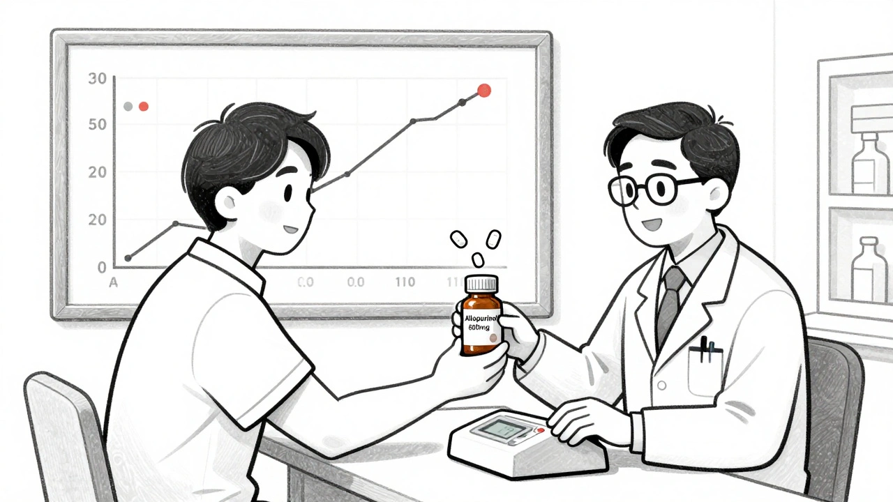 Clinic scene with doctor and patient reviewing urate levels, pharmacist adjusting allopurinol dosage, tophi dissolving above elbow.