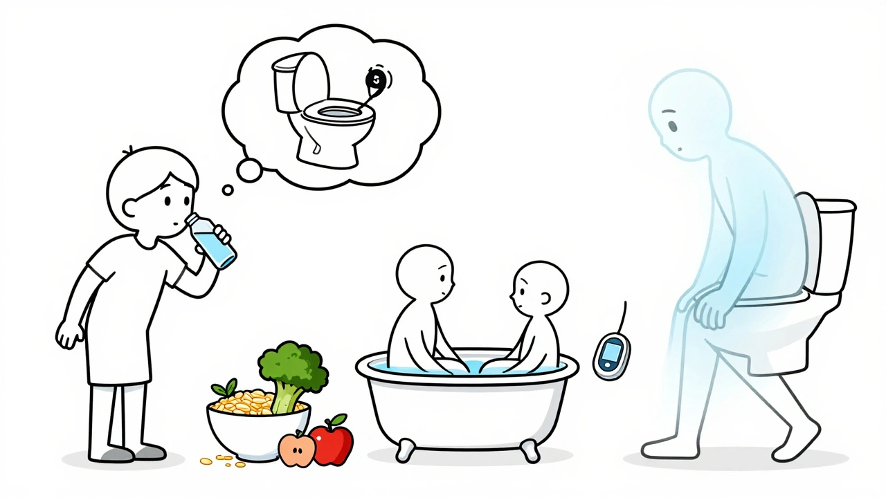 Daily prevention routine showing hydration, fiber, sitz baths, walking, and a timer on the toilet to avoid prolonged sitting.