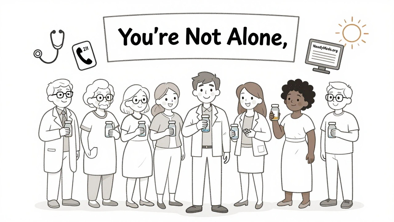 Diverse group holding pill bottles with resource icons around them