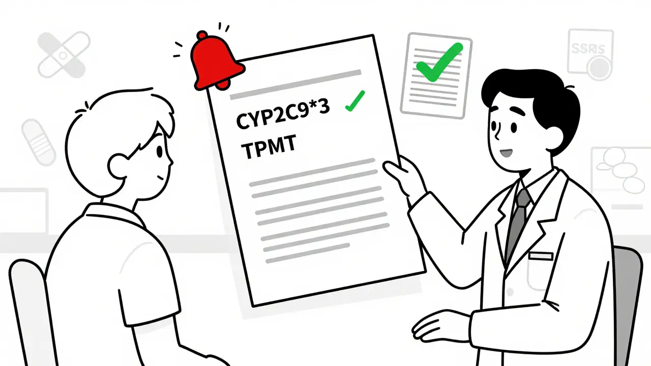 Doctor and patient reviewing a genetic test report with drug interaction warnings and adjusted dosage suggestions.