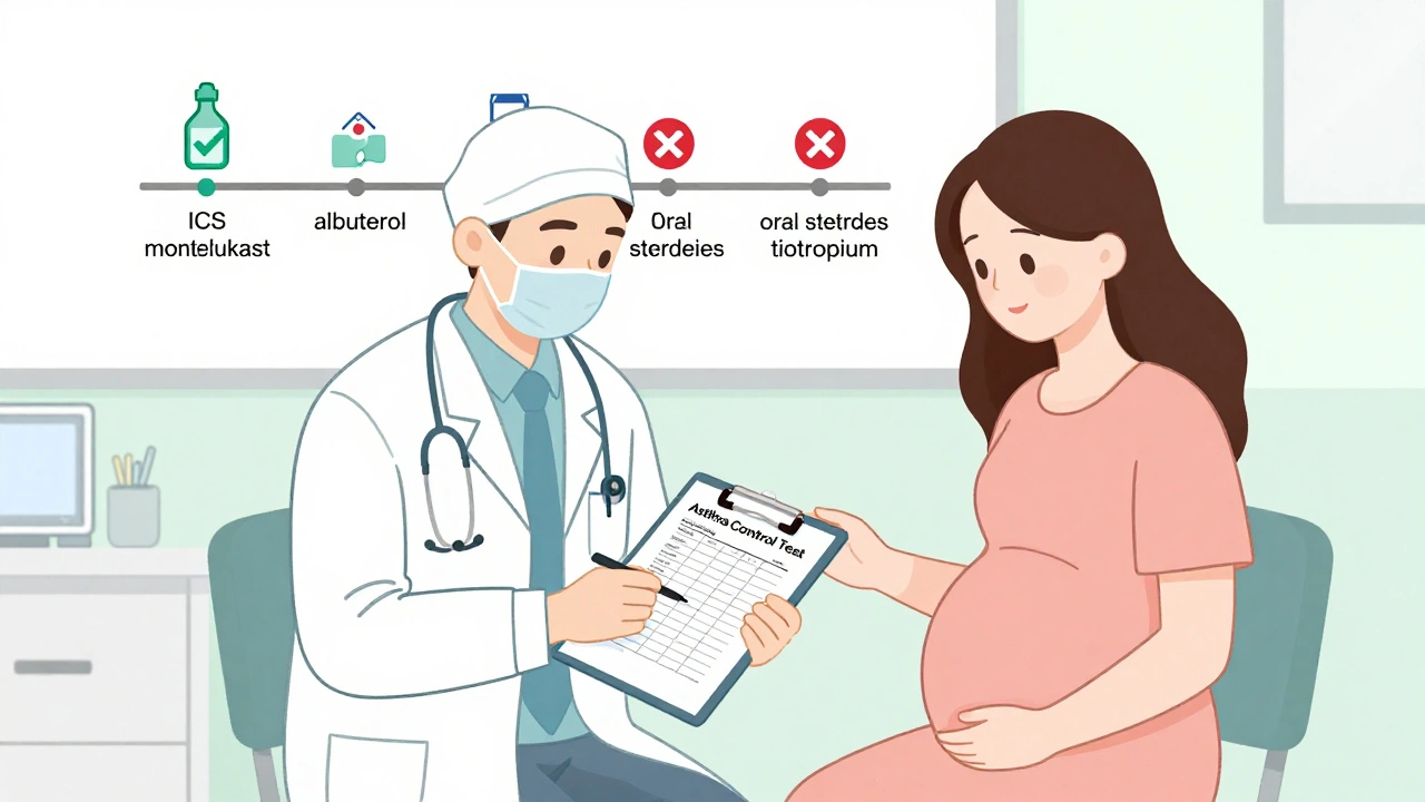 Doctor and patient reviewing asthma control chart with safe and avoided medications shown.