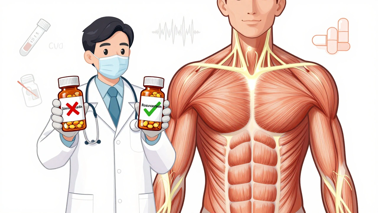 Doctor comparing statin medications with visual symbols of muscle and nerve effects.