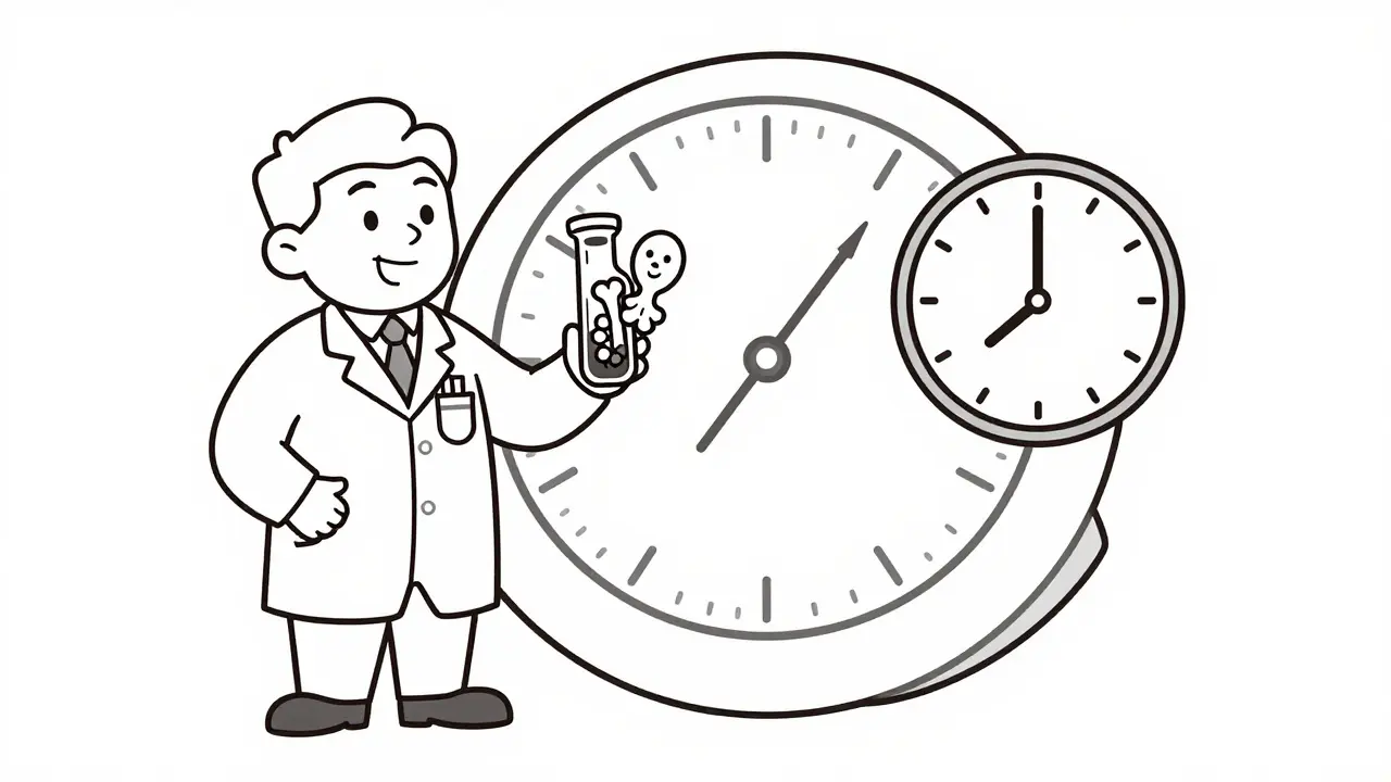 Doctor holding blood vial with bone cells, contrasting fast BTM test with slow DXA machine