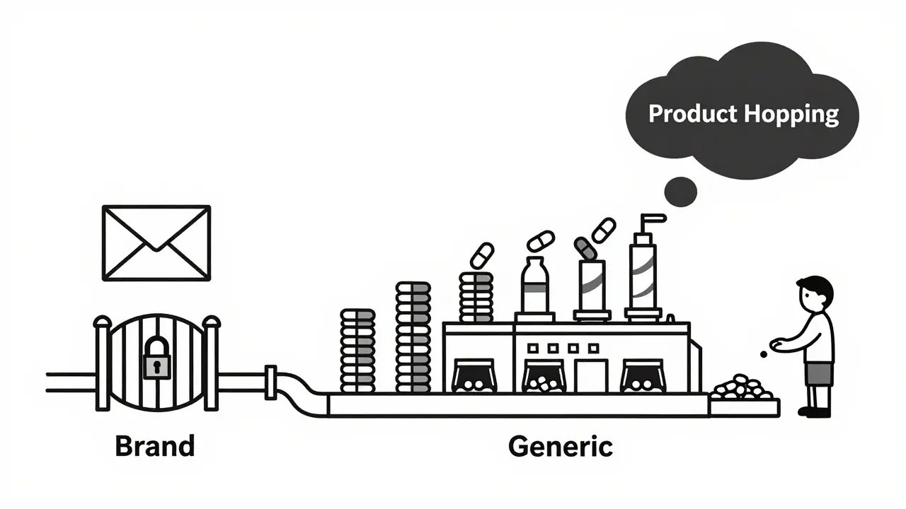 Drug manufacturing pipeline with brand blocked by reverse payments, generics flowing freely to patient.