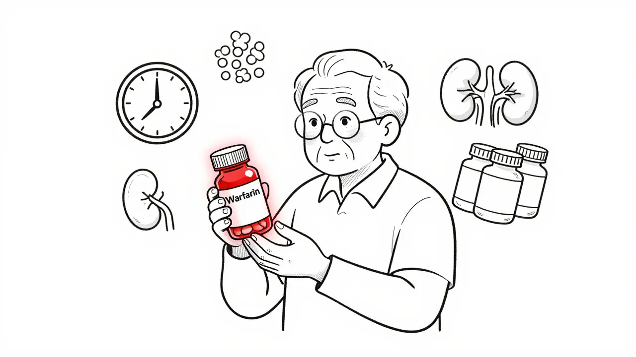 Elderly person surrounded by aging, fat storage, and multiple medication icons indicating increased side effect risks.