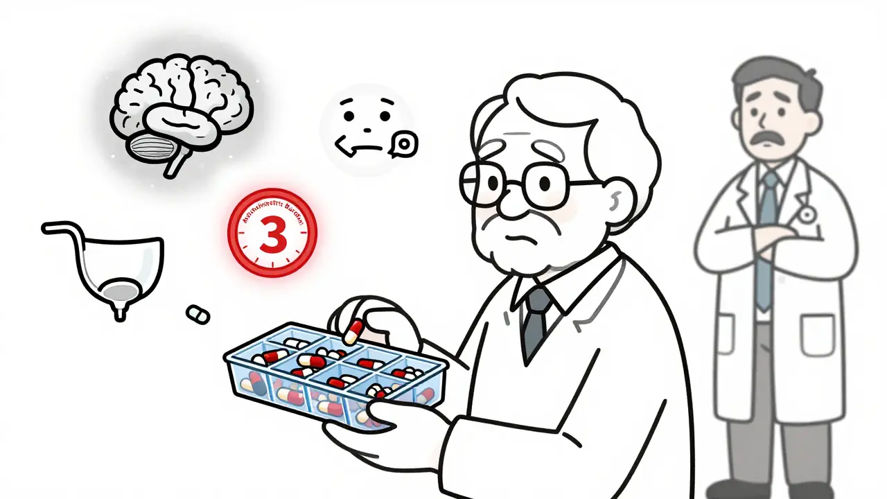 Elderly person surrounded by warning symbols from multiple anticholinergic medications.