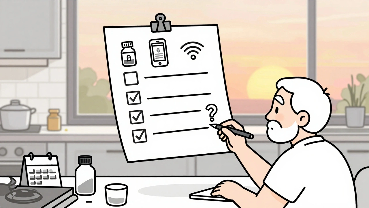Floating checklist with medication icons above a kitchen counter as a person checks off preparation steps.