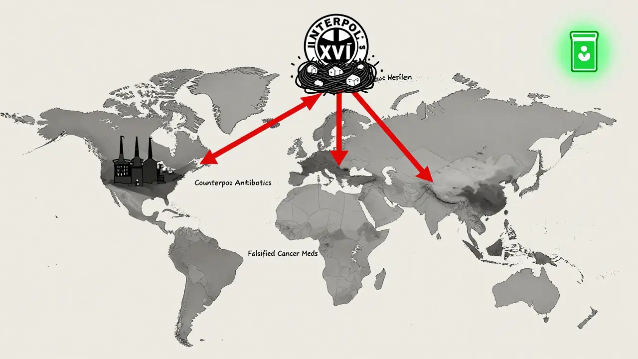 Global map showing counterfeit drug routes, crushed fake sites, and one verified pharmacy.