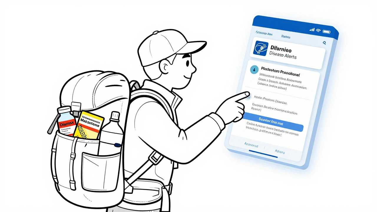 Hiker with labeled meds and CDC alert app, carrying yellow fever vaccination card
