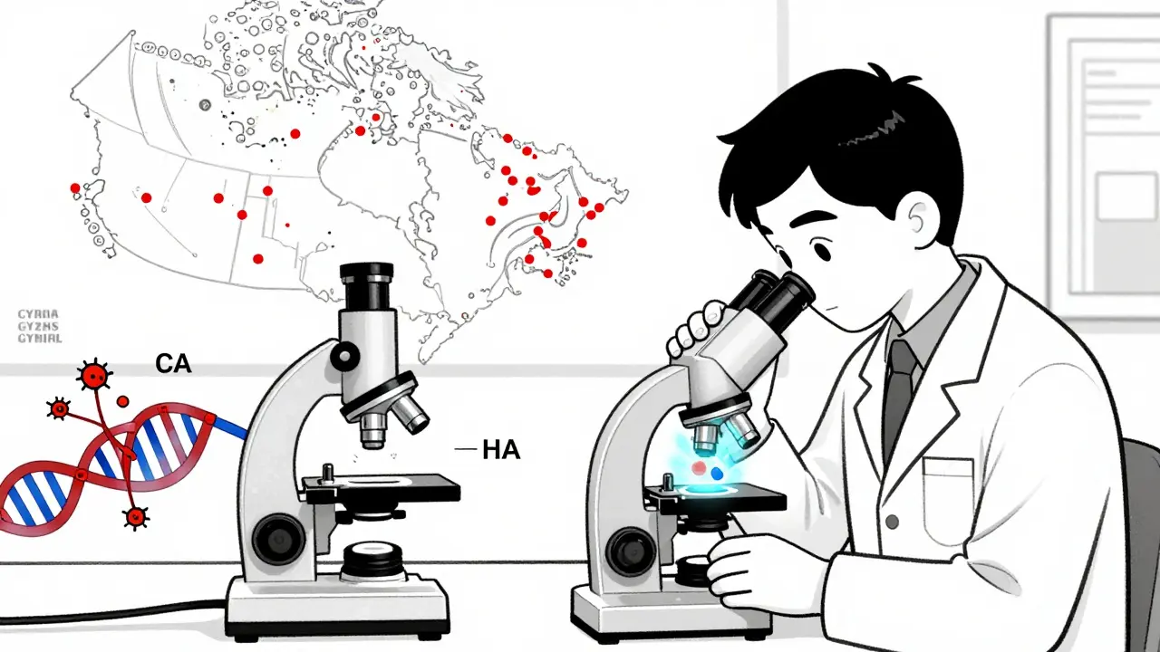 Lab technician viewing MRSA DNA under microscope, with genetic resistance and toxin paths highlighted.