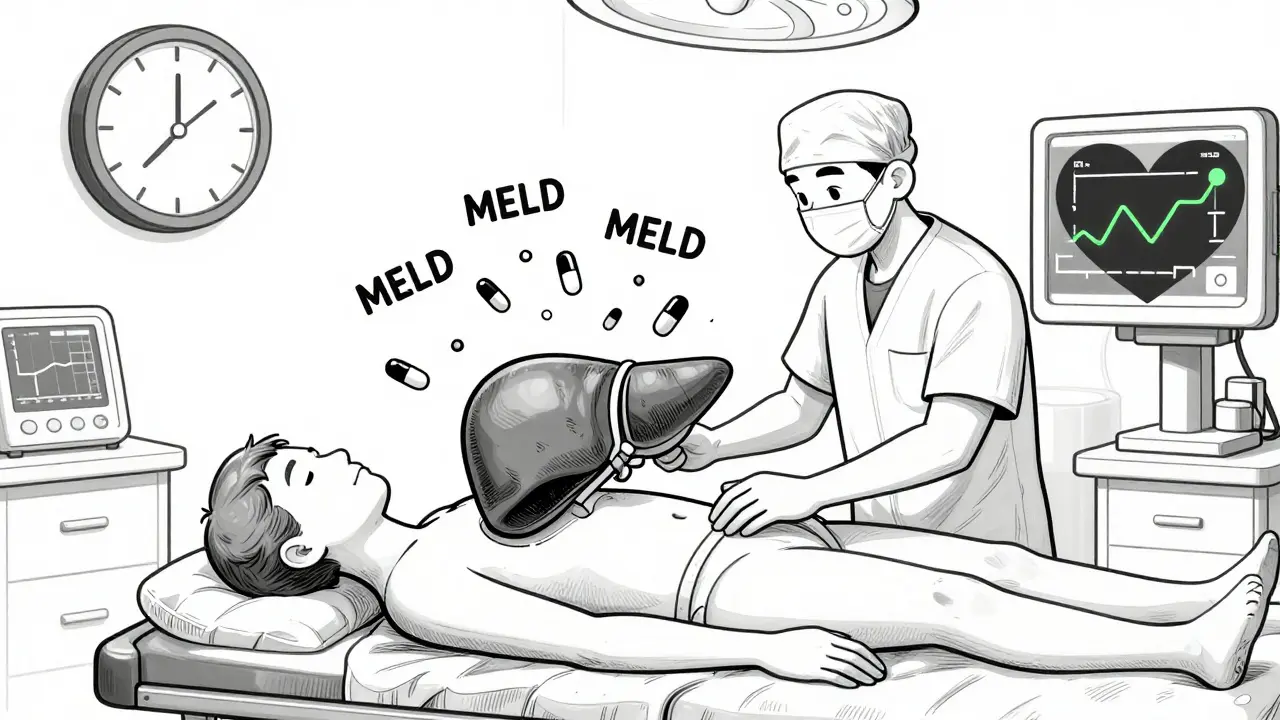 Liver transplant surgery with donor organ being placed, MELD scores floating, and pills falling like rain.
