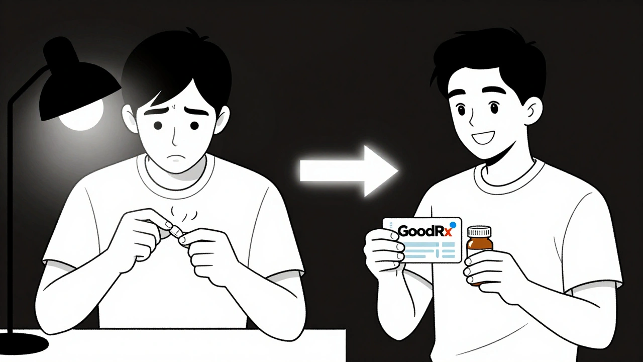 Man splitting pill vs. using GoodRx coupon for affordable meds