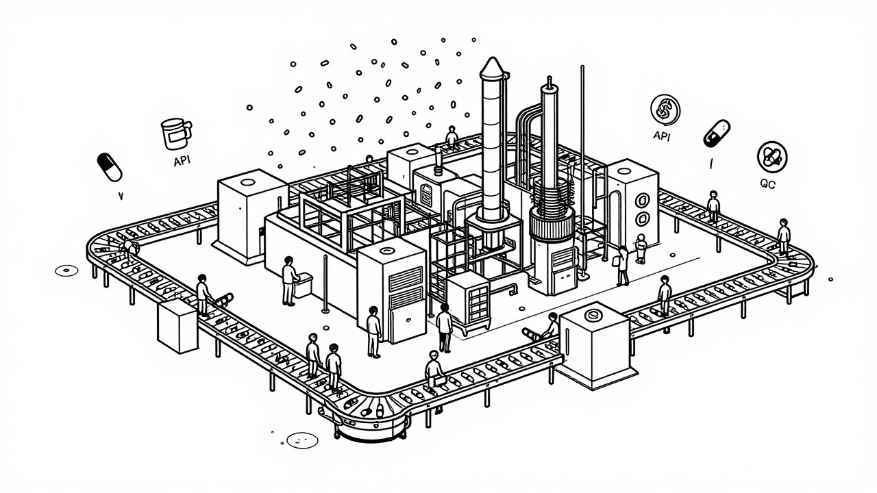 Massive generic drug factory producing thousands of pills with cost breakdown icons.