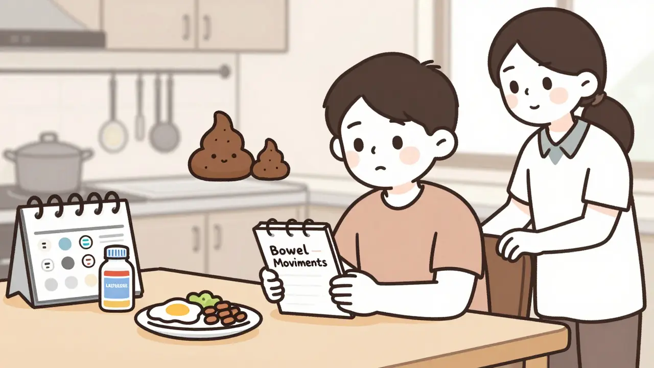 Patient logging bowel movements with lactulose and protein-rich food on table, caregiver observing.