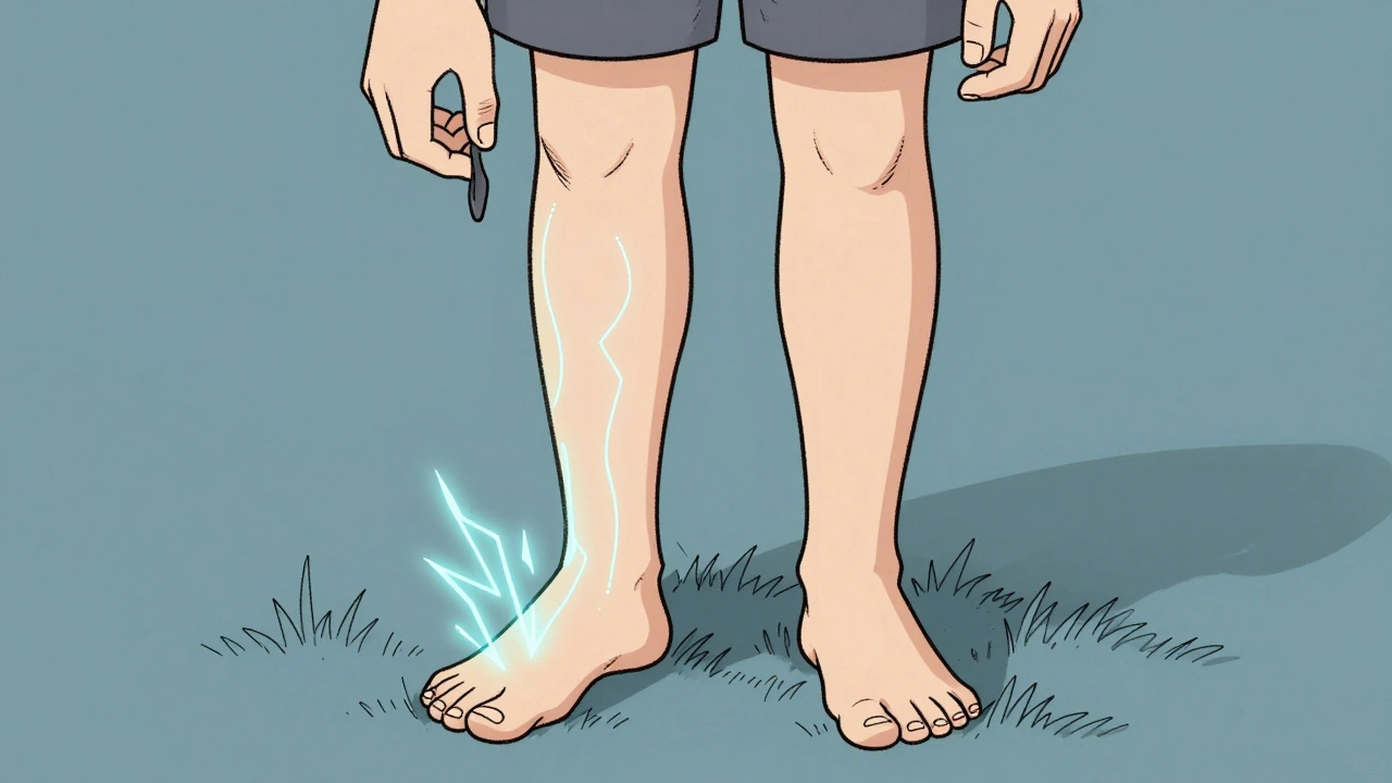 Person feeling tingling nerves in feet while standing barefoot on grass.