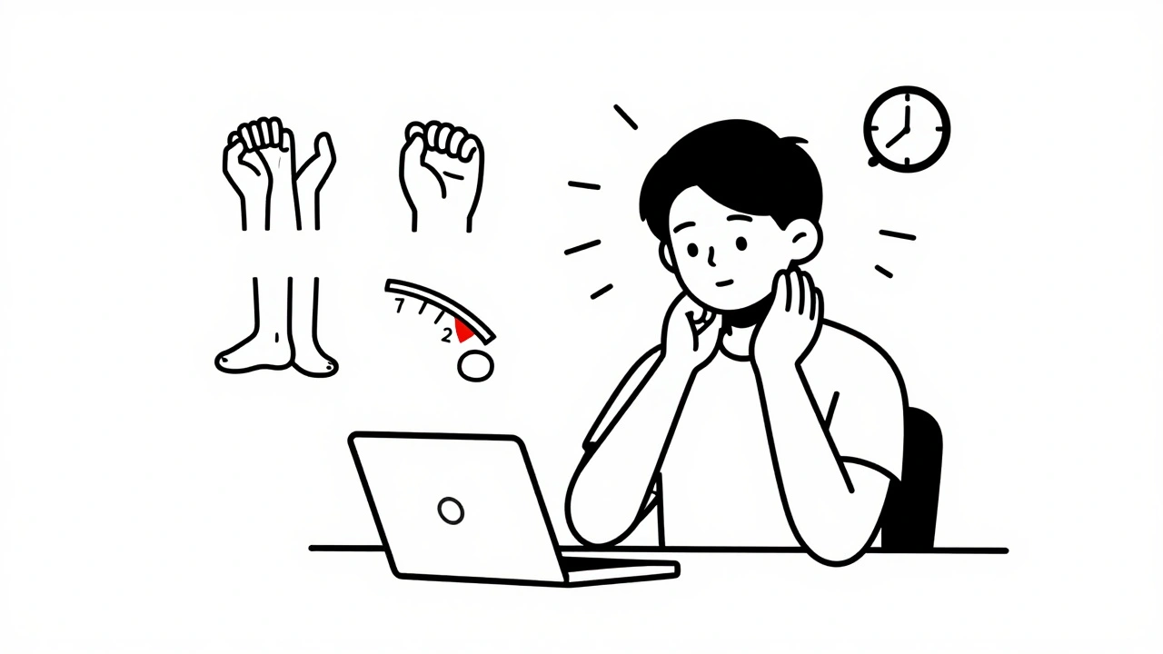 Person stretching neck at a desk with small icons showing pain reduction and simple exercises.