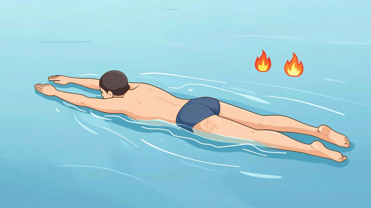 Person swimming with water reducing pressure on joints, symbols of healing floating nearby.