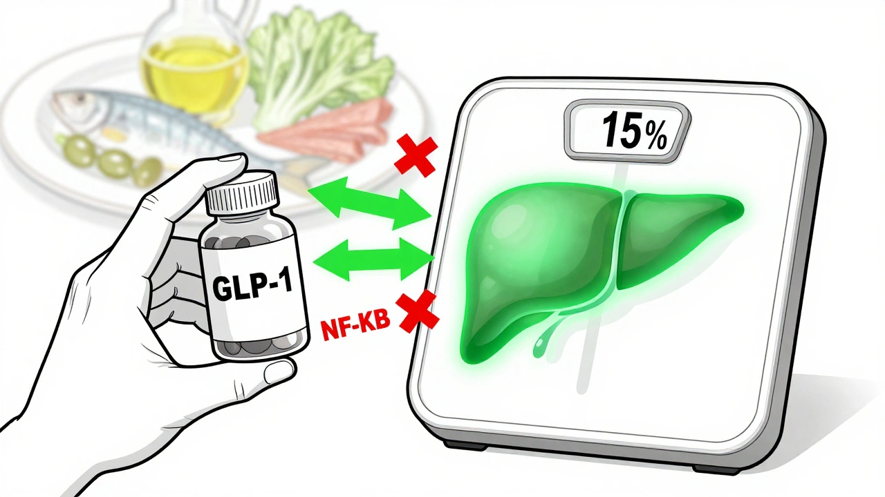 Person taking GLP-1 pill as liver fat melts away, with healthy food and inflammation pathways shown.