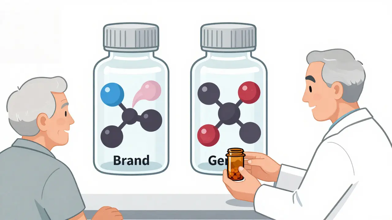 Pharmacist giving a generic medication bottle with molecular structure overlay showing inactive ingredient differences.